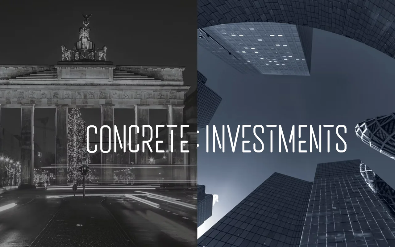 The Concrete Investments logo over the Brandenburg Gate at night and glass towers seen from below